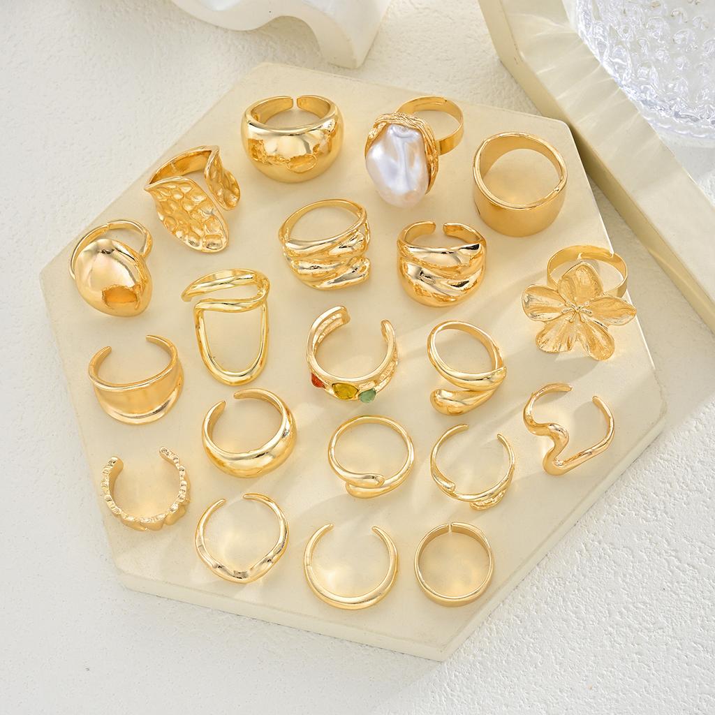 20 Pcs Fashion Flowers Geometric Irregular Line Open Ring Set For Women Gold Color Vintage Mix Style Trendy Jewelry Party Gifts