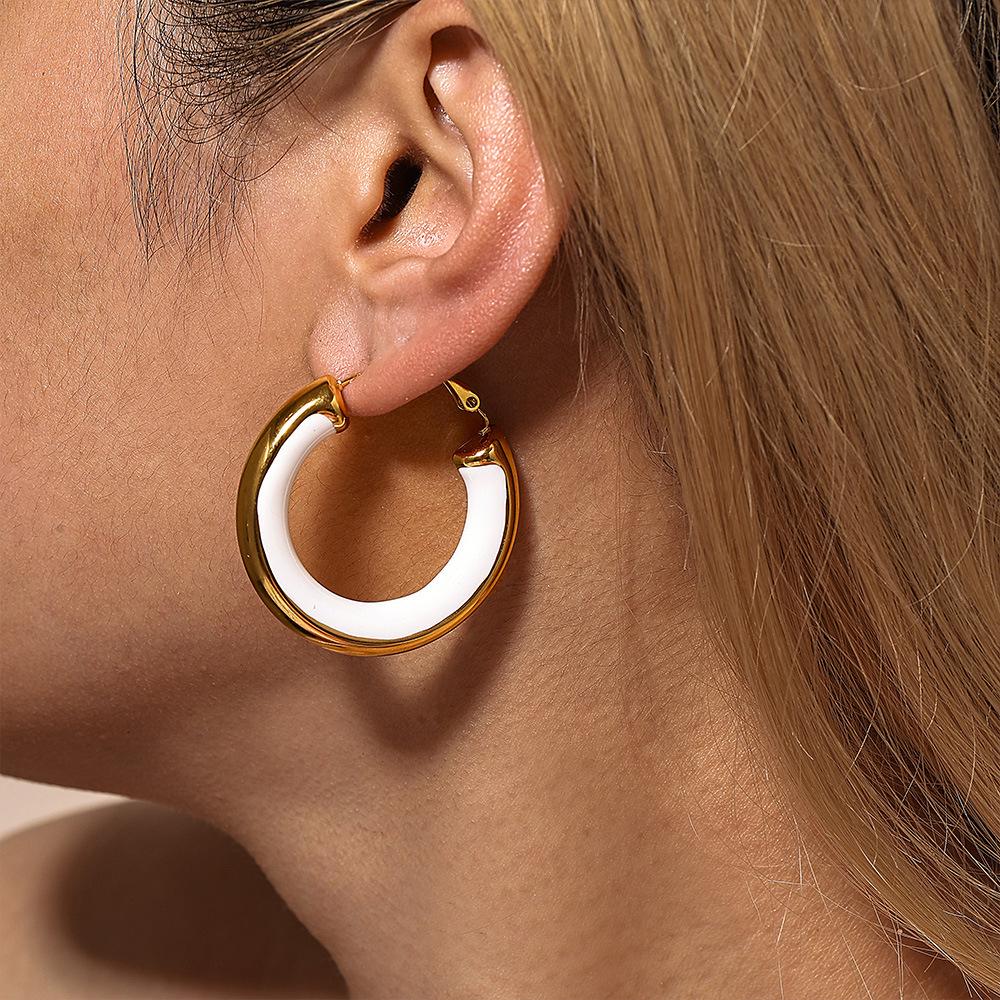 Qiong Yao European Style Circle Drip Oil Earrings, 18K Gold-Plated Stainless Steel, Hypoallergenic, Color-Retentive, Women's.