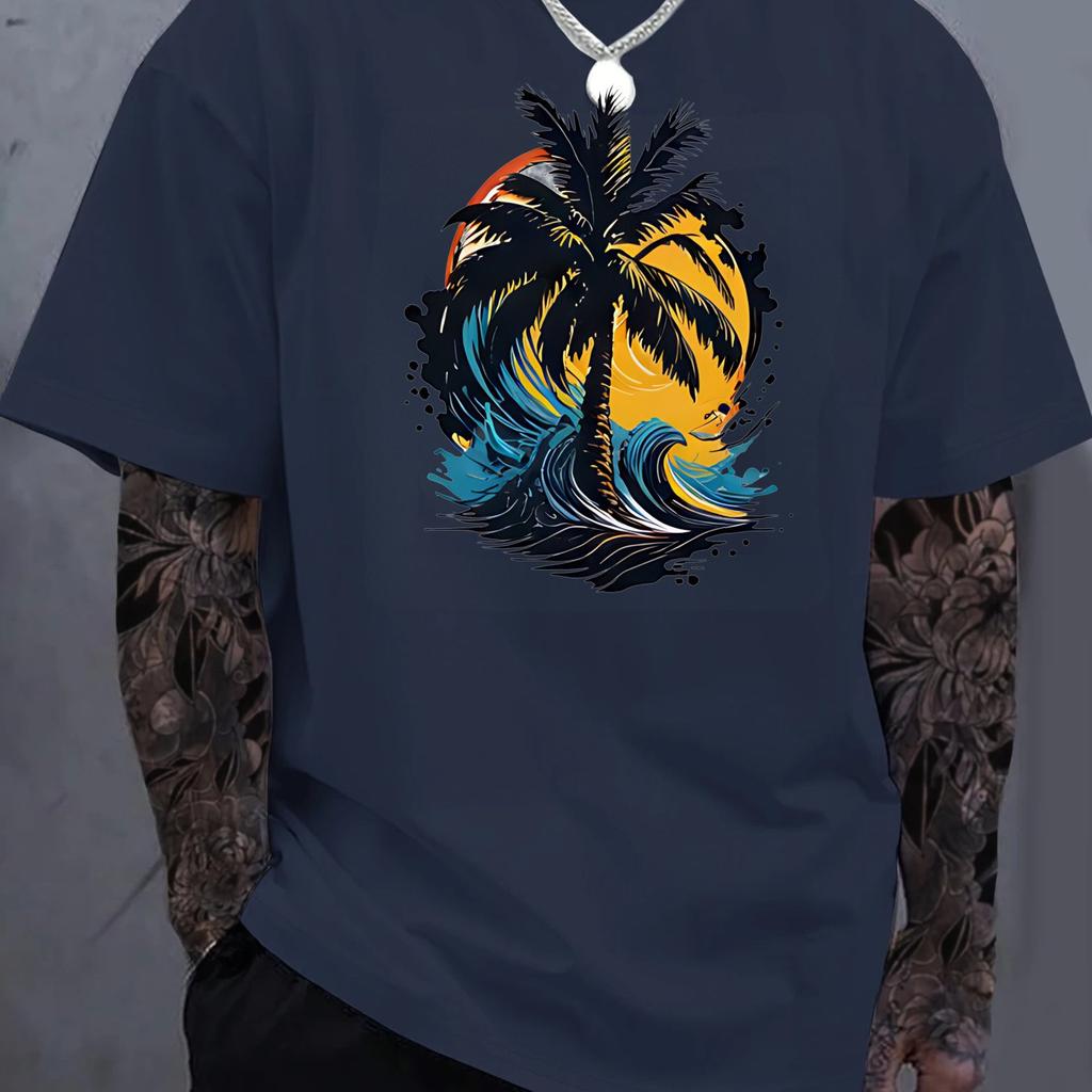 Herren Baumwoll Freizeit T-Shirt Tropischer Sonnenuntergang Palme Druck Herrenbekleidung Bequem
