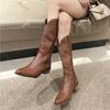 Fashion Women Boots Middle Heel Cowboy Chelsea Western Botas Pu Leather Retro Rivet Gothic Ladies Shoes Vintage Brown Knee High Boot