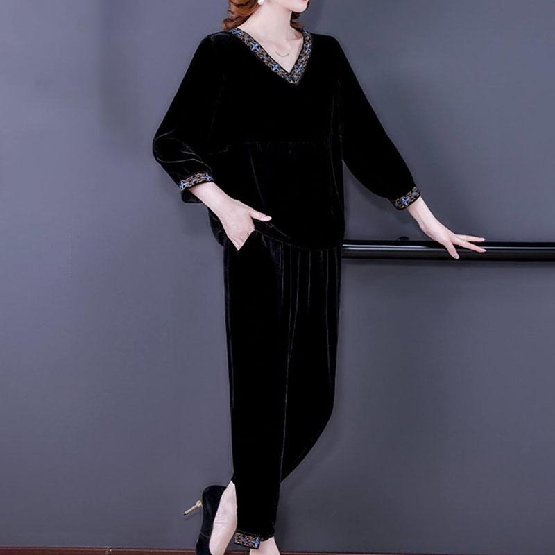 2pcs Pants Suits Autumn Retro Women's V Neck Plus-size Velvet Blouse High-waist Velvet Harem Pants Two-piece Set