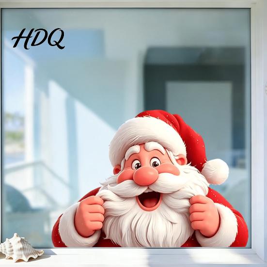 Christmas Scene Wall Decor Peeking Santa Claus Static Window Cling 3D Effect Holiday Glass Clings Sticker Reusable Decal for Home Xmas Party