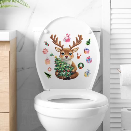 Merry Christmas Toilet Sticker Waterproof Self-adhesive PVC Living Room Bathroom Wall Santa Car Reindeer Stocking Toilet Seat Lid Decoration Decal
