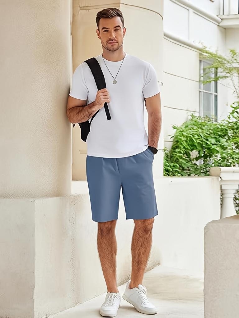 Men's Solid-color Suit Shorts with Leather Label Drawstring Casual Multi-pocket Capre Shorts