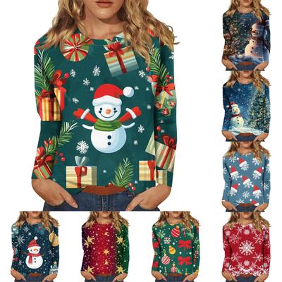 Women's Fashionable Casual Long Sleeved Christmas Printed Round Neck Top Long Sleeved Top
