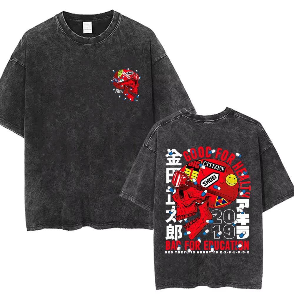 Washed Vintage Anime Akira T Shirts Japanese Science Fiction Cartoon Movie Shotaro Kaneda Tshirt Mens Manga Oversized Tshirts