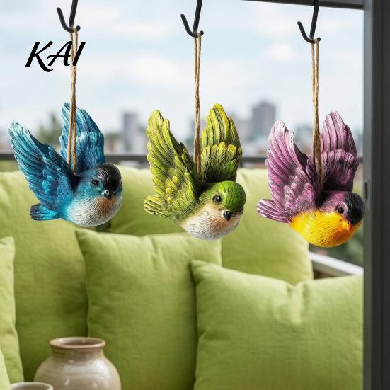 Yard Art Hanging Decorations 3Pcs Resin Bird Ornament, Hand-Painted Figurine with Jute String, Animal Statues for Garden Weatherproof Outdoor