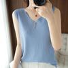 IHUASU Dámské letní tílko s výstřihem do V z ledového hedvábí, bez rukávů, pletené tričko, top, zakřivené korálky, slim, s krátkým rukávem, spodní topy