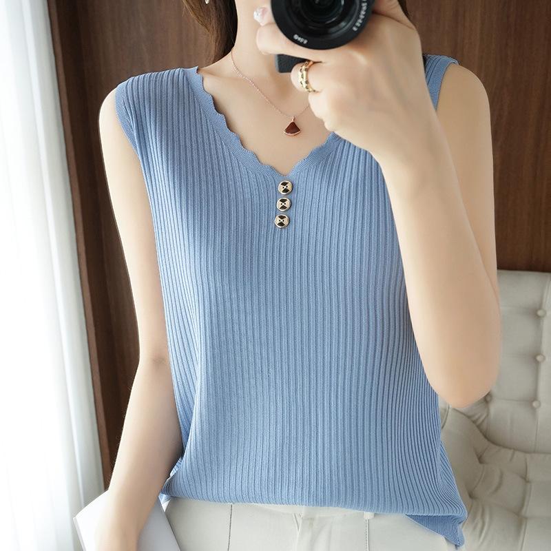 IHUASU Dámské letní tílko s výstřihem do V z ledového hedvábí, bez rukávů, pletené tričko, top, zakřivené korálky, slim, s krátkým rukávem, spodní topy