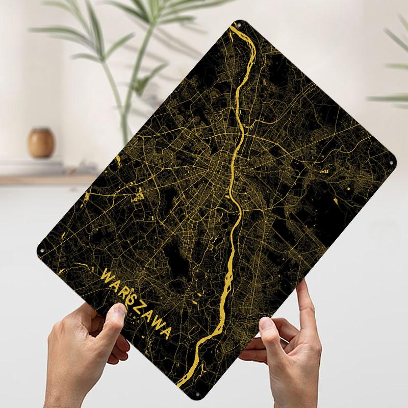 Warszawa Map Gold Tinplate Poster Customized Wall Art Vintage Metal Signs Retro Tin Plaque for Decoration Room Home Decor Items