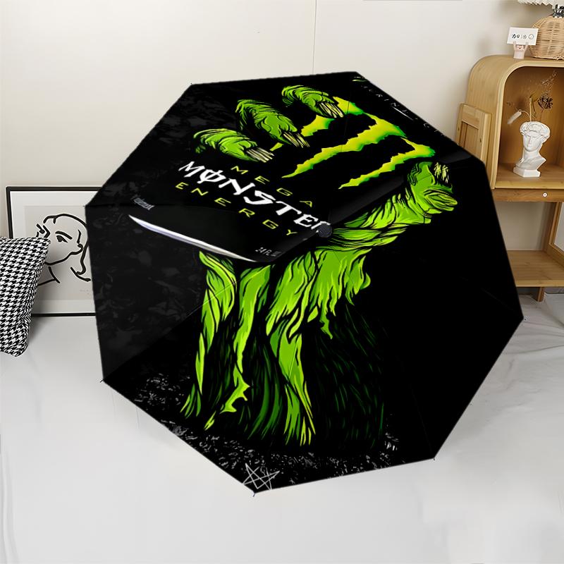Monster Energy LOGO Print Automatic Umbrella, 8 Rib Iron Frame, Plastic Handle, Suitable for Outdoor Travel &Daily , Ideal Gift