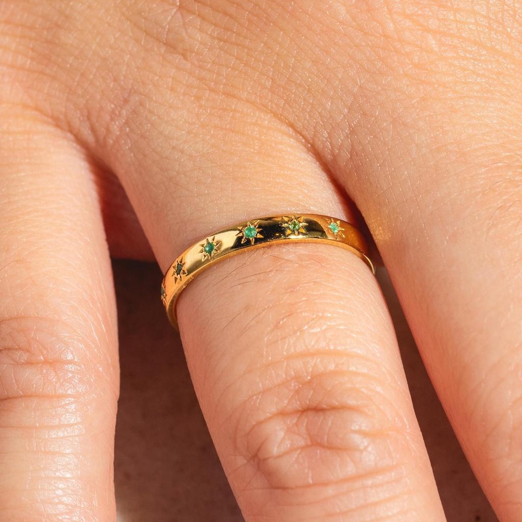 Star Set Emerald Band – Gold Plated Vintage Inspired Ring, Minimalist Unisex Wedding Band, Anniversary Gift Jewelry