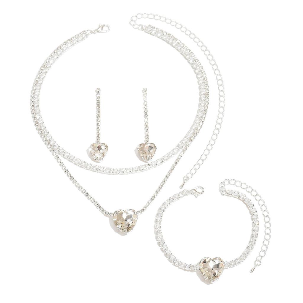 Jewelry Heart Rhinestone Necklace Earrings Bracelet Three-piece Set Fashion Bridal Set Dress Accessories Women's