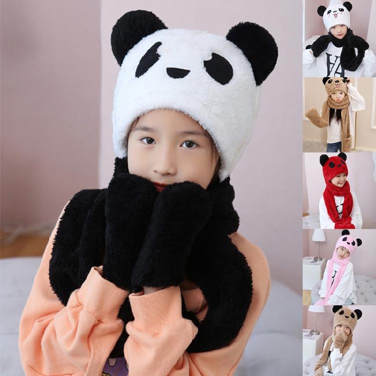 Kapuzenschal Mütze Nackenwärmer mit Tasche Fäustlinge Panda Ohren Kinder Plüsch Ohrenklappenmütze