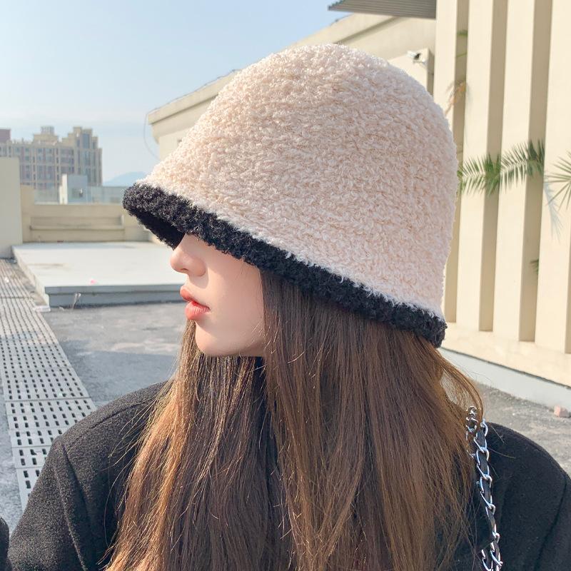 Autumn and Winter Hat Women's Imitation Lamb Plush Color Matching Bucket Hat Winter Warm Bucket Hat Fashion Basin Hat