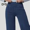Damen Jeans, elastische hohe Taille, schmale Passform, leicht ausgestellt, weites Bein, lange Jeanshose mit Taschen, einfarbige Jeans