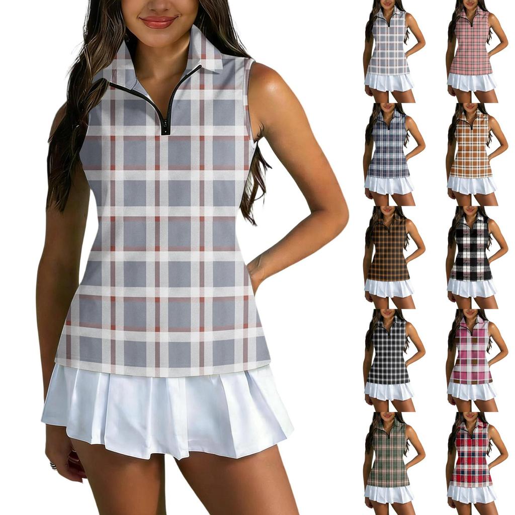Women Sleeveless Golf Polo Shirt Zip Collar Plaid Print Athletic Tank Top for Sports and Outdoor Activities