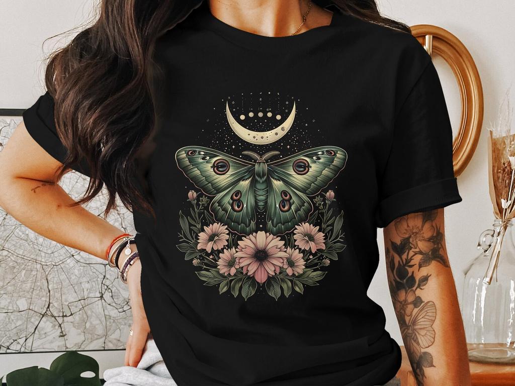 Cottagecore Butterfly T-Shirt, Moon Phase Boho Graphic Tee, Vintage Floral Artwork, Aesthetic Nature Lover Shirt, Whimsical Garden Top