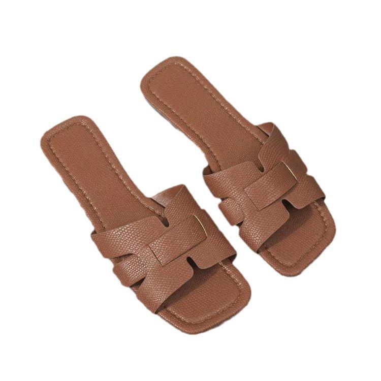 European and American Large-size Slippers 2025 Summer New Woven Black One-word Flat Bottom Sandals Women Slippe