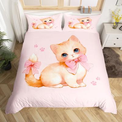 Funda Nórdica de Gato Kawaii Lazo Rosa Gatito Juego de Cama Dulce Mascota Animal Funda de Edredón Princesa Lazo Femenina Poliéster Funda de Edredón