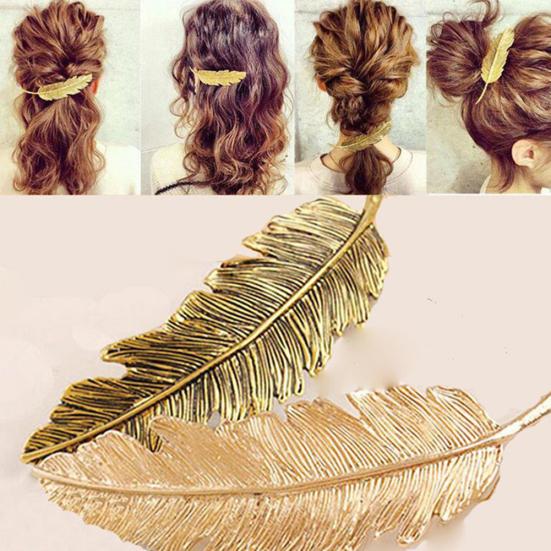 Women's Vintage Etched Leaf Feather Hair Clip Elegant Hairpin Hair Barrette
