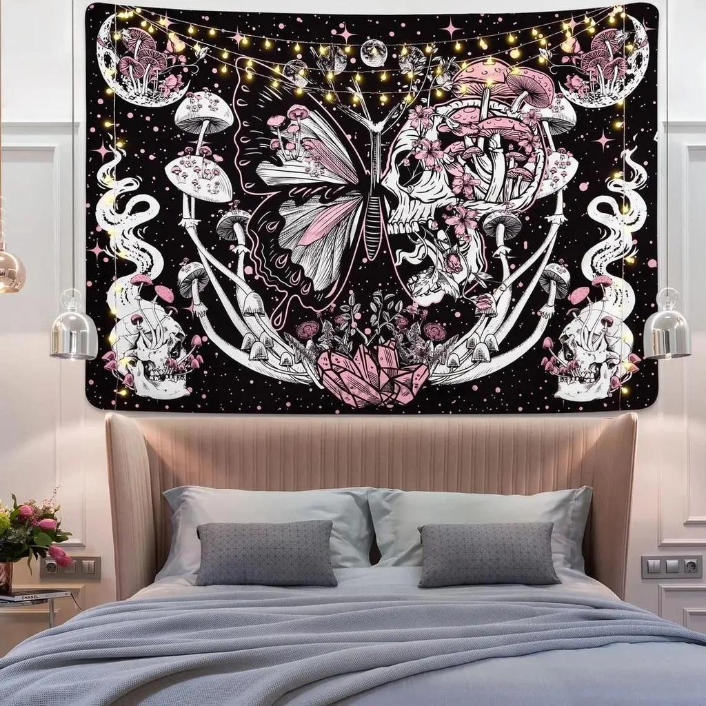 Black and White Wall Art Aesthetic Home Tapestry Gothic Skull  Psychedelic Hippie Mushroom