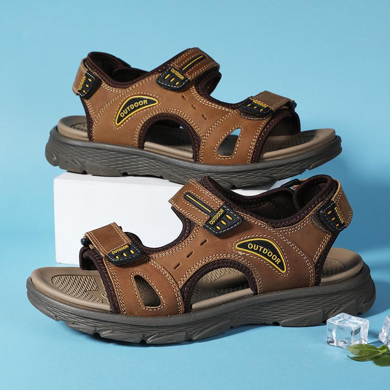 Fashion Golden Sapling Summer Shoes Genuine Leather Sandals Outdoor Men's Beach Sandals Leisure Flats Retro Footwear Men Casual Moccasin