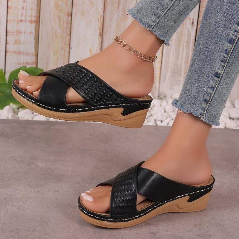 

Hollow cross with platform sandals women s Velcro solid color light slope heel beach sandals 43 чёрный
