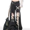 Women's New High-Waisted Wide-Leg Pants Punk Black Strap Distressed Ripped Jeans