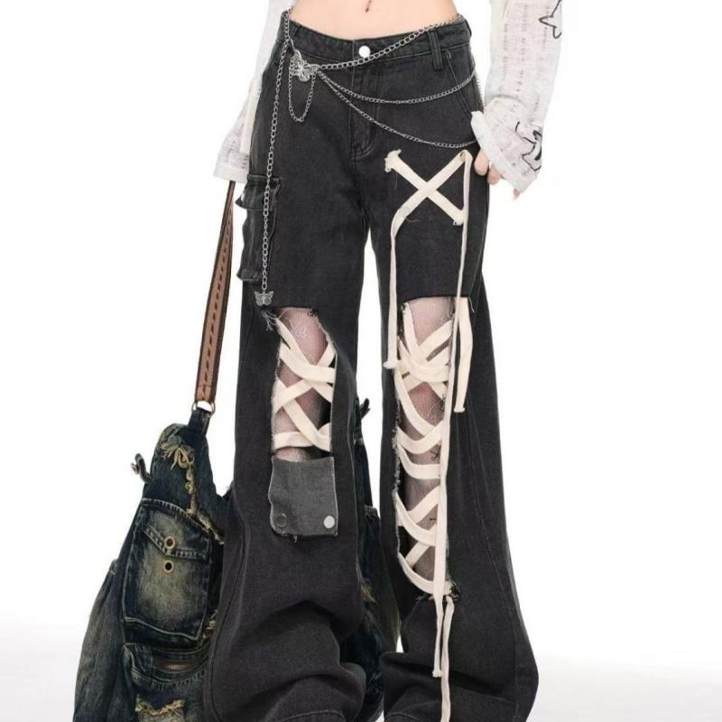Women's New High-Waisted Wide-Leg Pants Punk Black Strap Distressed Ripped Jeans
