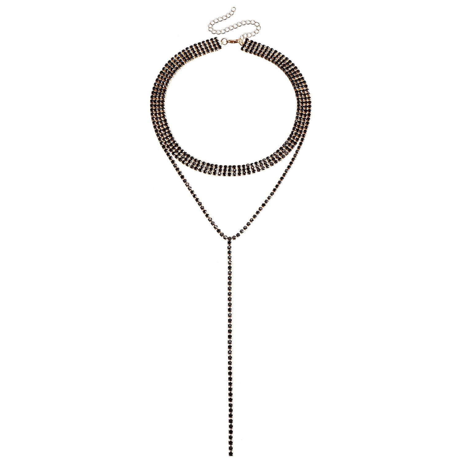 Foreign trade black full diamond multi-layer versatile neck chain fashionable long fringed necklace jewelry