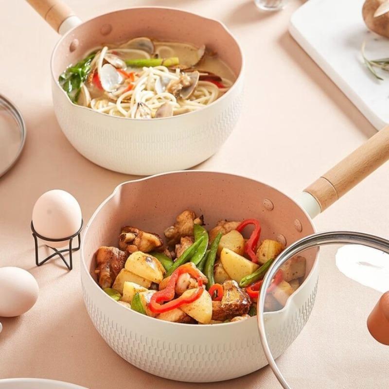 Non-Stick Saucepan with Lid Cooking Pot with Pour Spout & Wooden Handle Sauce Pan Stick Proof for Induction Cooker Gas Stove