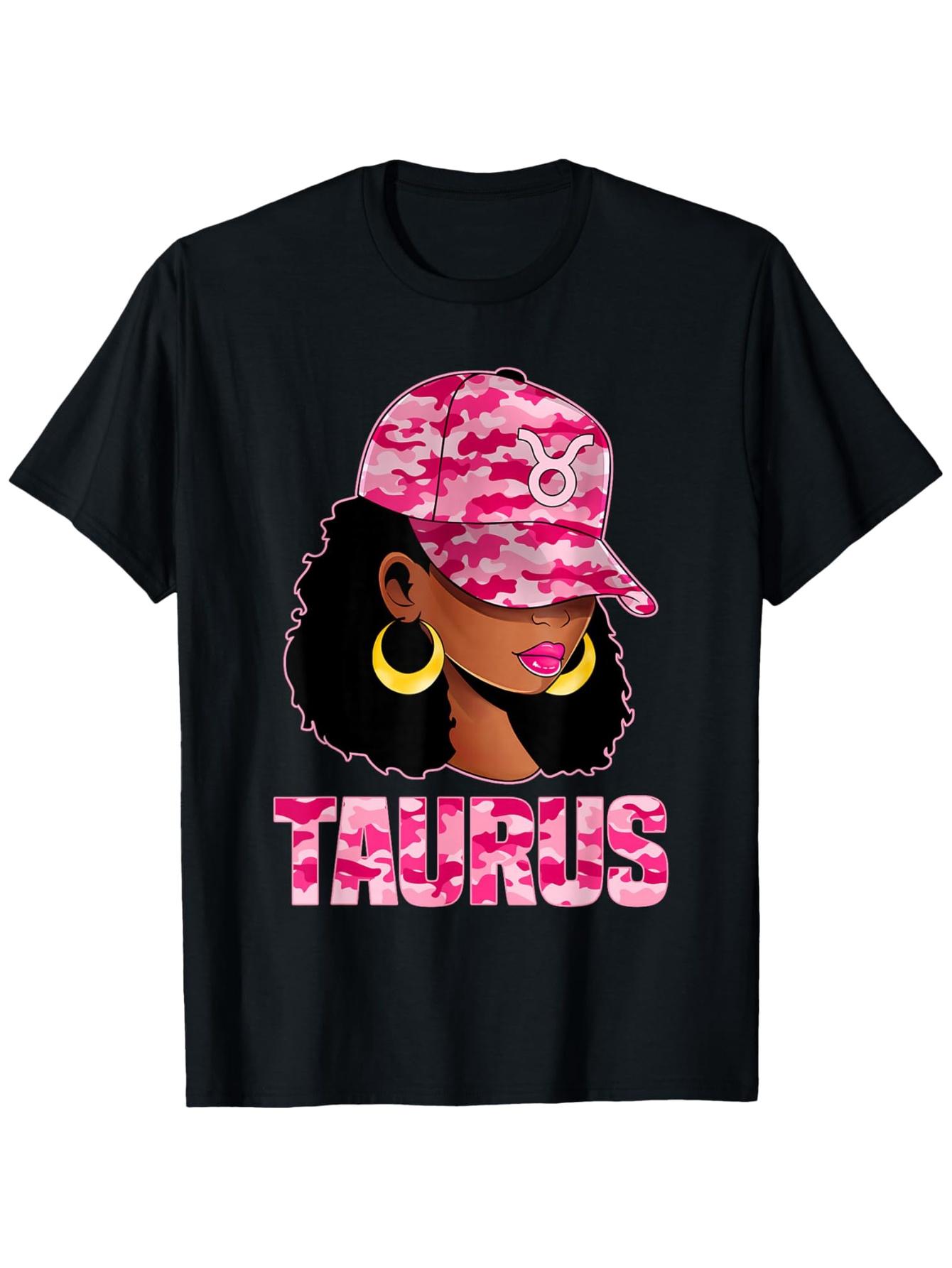 Zodiac T-Shirt Featuring a Taurus Queen, a Confident Black Woman with an Afro, in Pink Camouflage S разноцветный