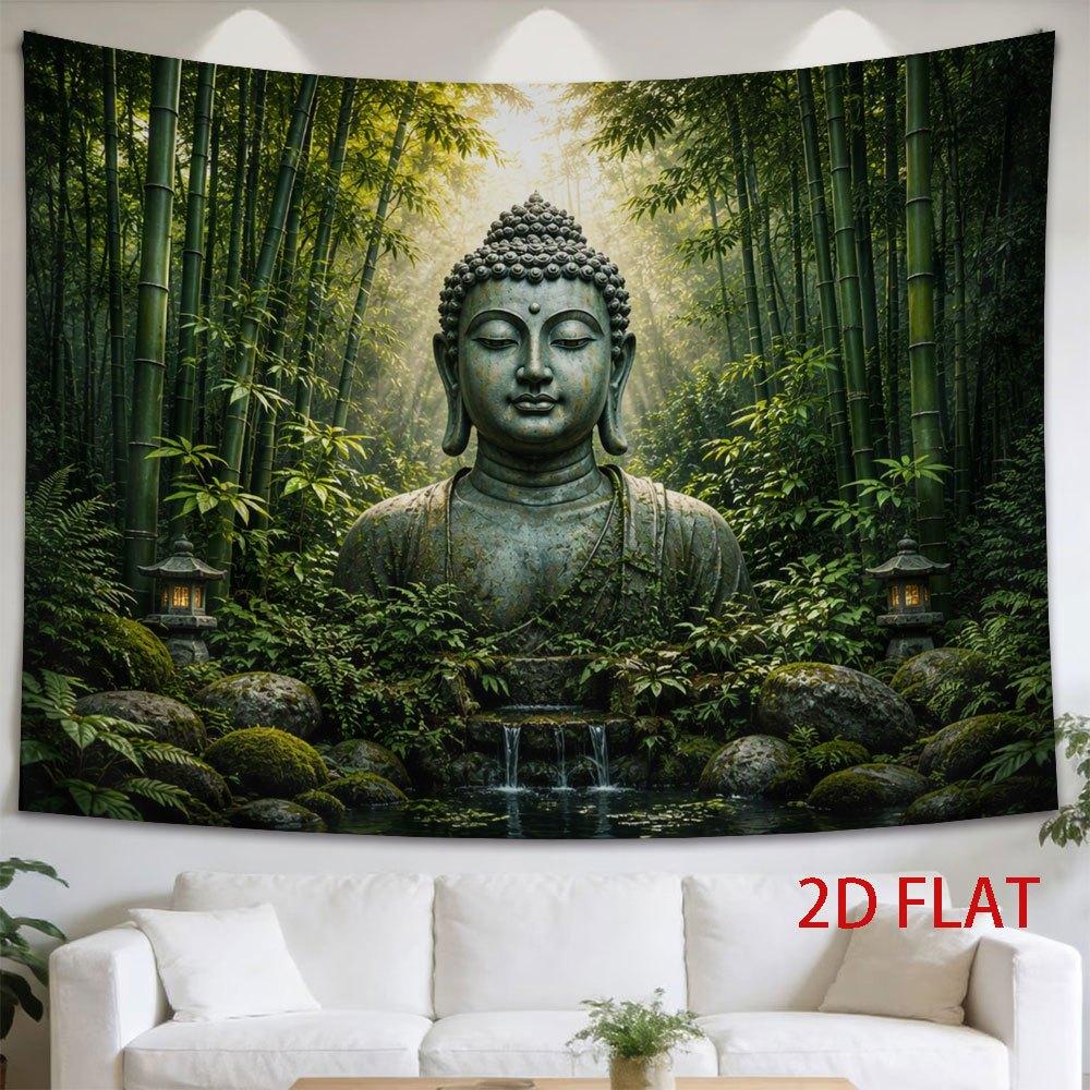 2D Flat - 2D Flat - 1pc 2D Flat Tapestry Statue Sits Peacefully in Bamboo Forest, Morning Light Filters Through Greenery, Creating Serene And Meditati