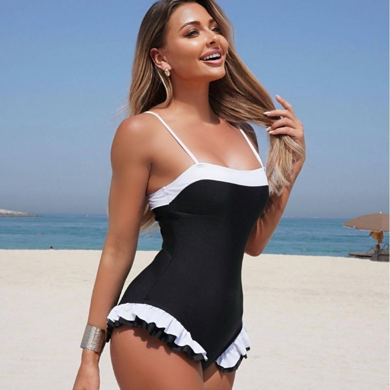 Maillot de bain une pièce sexy pour femme, couleur unie, à volants, coupe ajustée