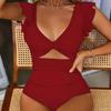 Solid Color Sexy Ruffle Sleeve Cutout One Piece Swimsuit Twist Front Bathing Suit