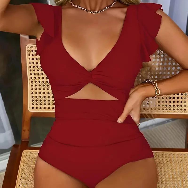 Solid Color Sexy Ruffle Sleeve Cutout One Piece Swimsuit Twist Front Bathing Suit