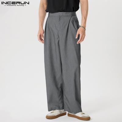 Calças compridas com zíper para homens, pernas largas, calças compridas retas casuais