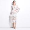 Spring Autumn Women Elegant V-neck Embroidery Flower Lace Long Maxi Party Dresses With Belt