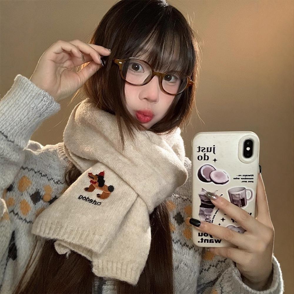 Japanese Cute Puppy Embroidered Scarf Women's Autumn and Winter New Warm Versatile College Style Knitted Scarf Tide