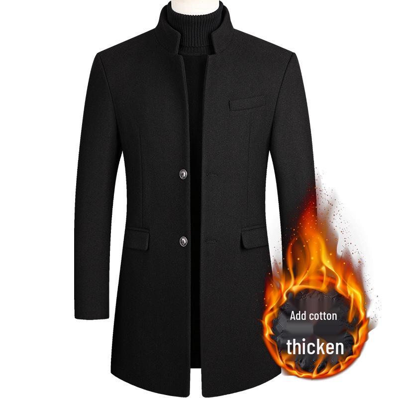 Men's Mid-Length Woolen Overcoat with Cotton Padding