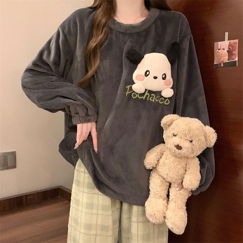 Kulomie coral fleece pajamas women s autumn and winter fleece thickened cute flannel loungewear in stock M