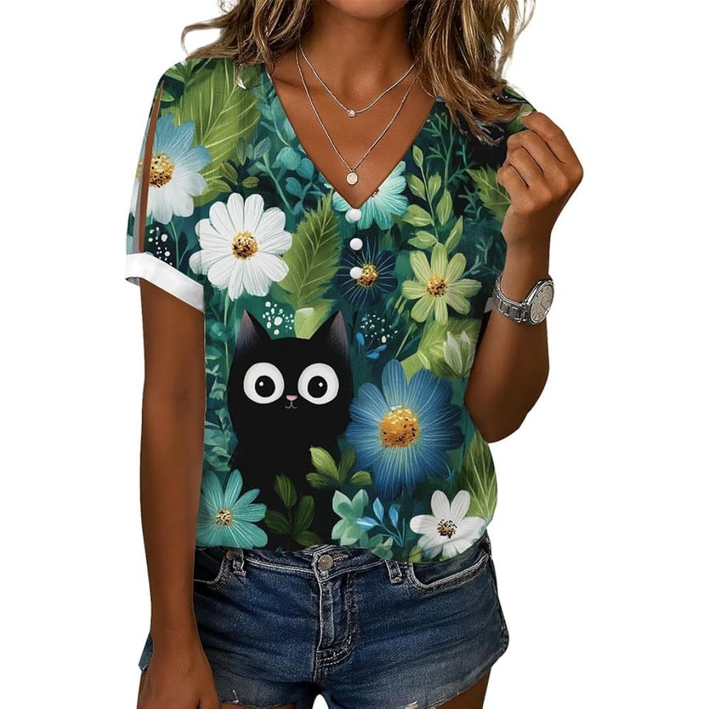 Lässige V-Ausschnitt Kurzarm Blümchenmuster Festliche Sommer-T-Shirts