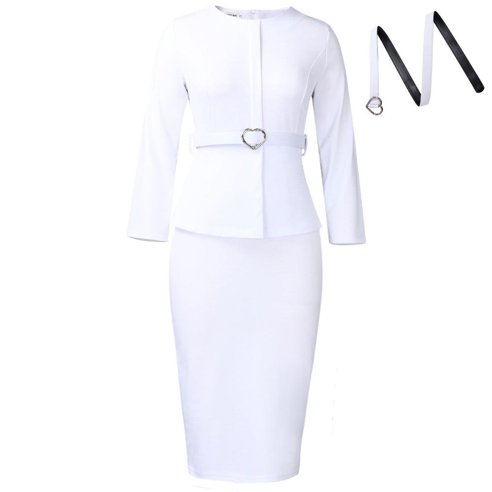 Women's Round Neck Long Sleeve Midi Dress Bodycon High Waist Elegant Peplum Office Pencil Dress With Heart Belt