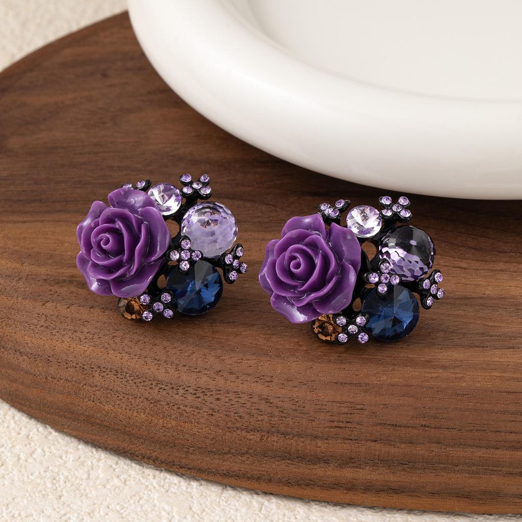 Purple Rose Flower Diamond Stud Earrings Feminine Elegance Niche Earrings Vintage Retro Unique Earrings