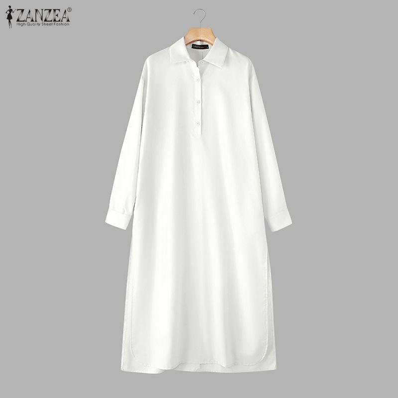 

ZANZEA WomenTurn Down Collar Long Sleeve Splits Casual Shirt Dress XL білий