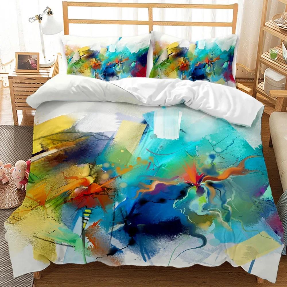 Abstract duvet cover set, grunge style, dirty look with colorful watercolor stains, liquid splashes, polyester bedding set, quee