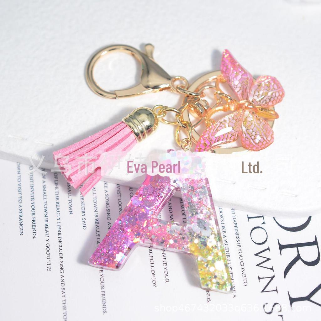 New Sparkling Sequin Initial Keychain with Butterfly Tassel & Crystal Accents