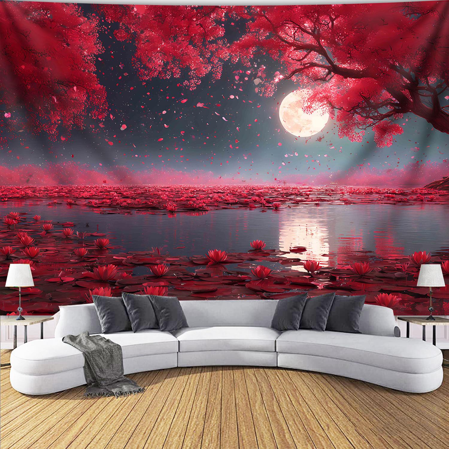 

[Dreamy Cherry Blossom Tapestry] Extra Large Dreamy Full Moon Cherry Blossom Petal Rain Landscape Photo Tapestry | 1pc Polyester 40x60cm