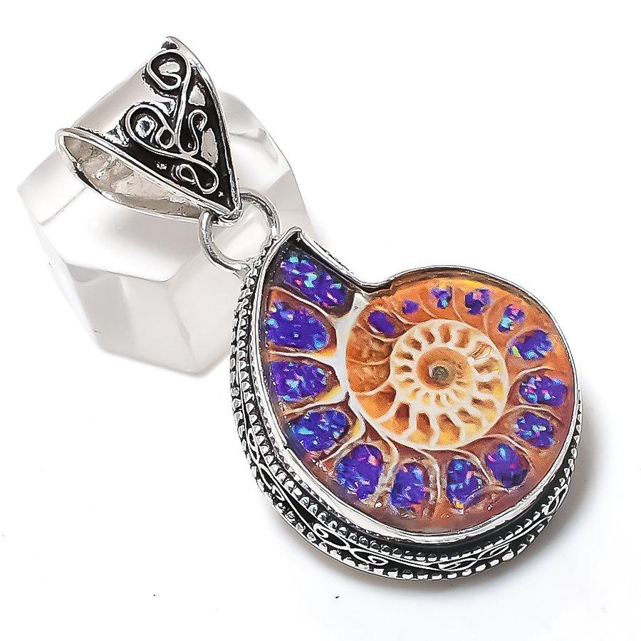 Natural Ammonite Fossil Gemstone 925 Sterling Silver Jewelry Pendant 1.89" W0K73